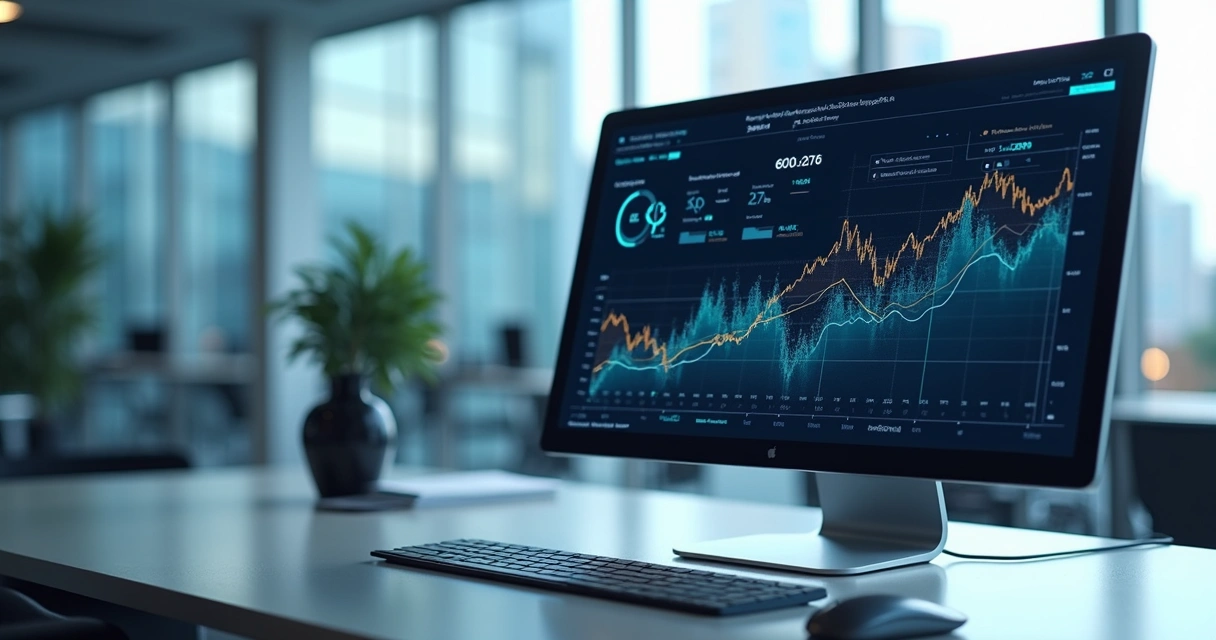 Computador modern com gráficos digitais de análise de crédito exibidos em tela grande 