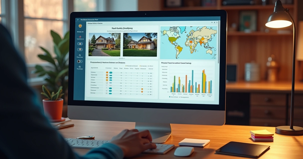 Simulação da tela de análise automatizada de imóvel de leilão, mostrando gráficos, mapas e dados detalhados