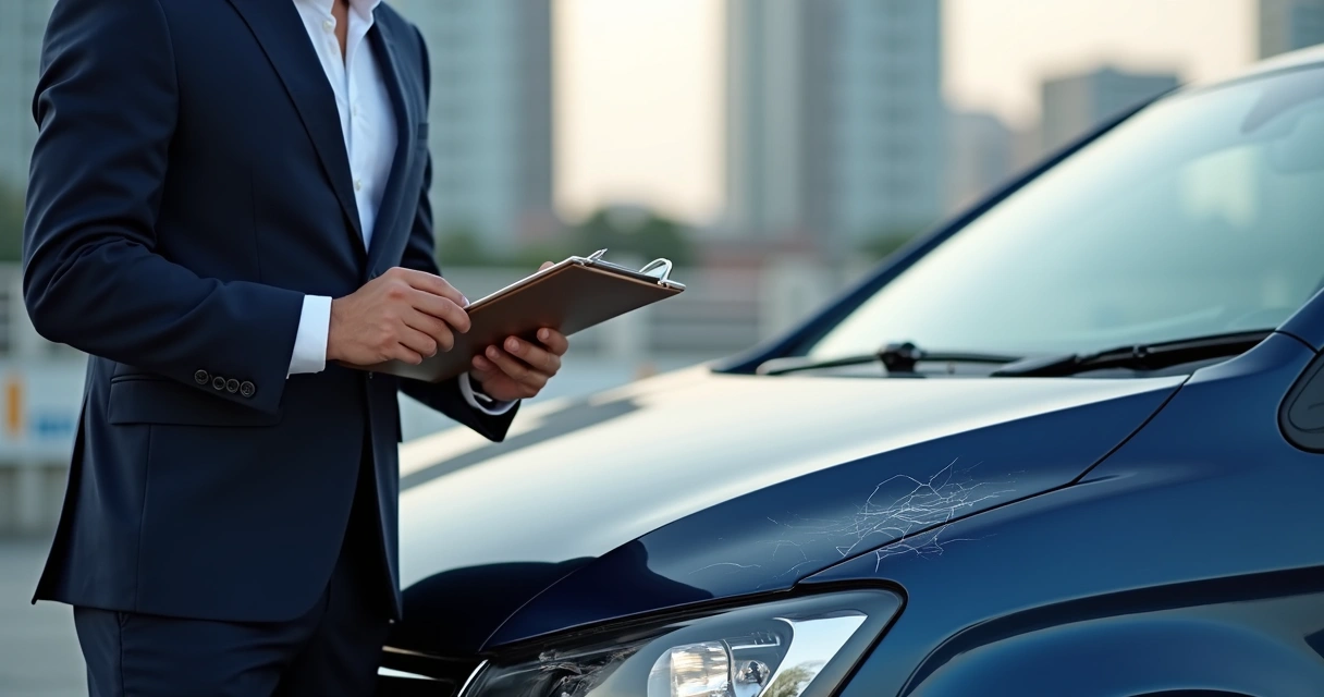 Especialista analisando danos no carro após acidente 