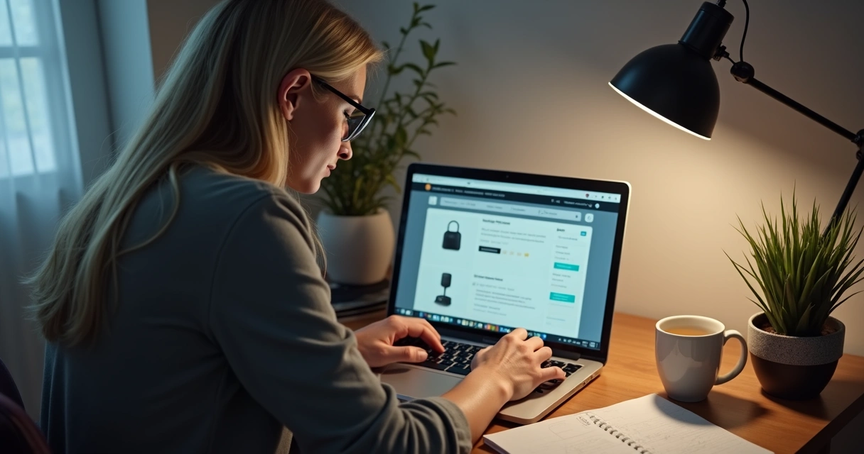 Pessoa analisando avaliações de produtos em site de marketplace 