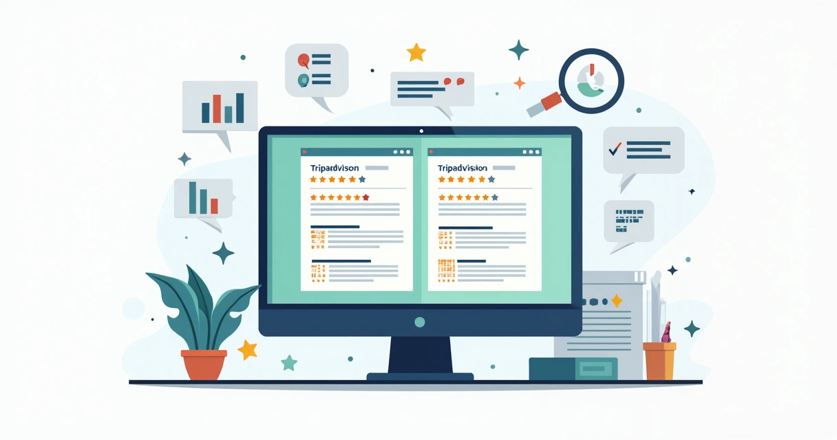 Ilustração corporativa com tela dividida mostrando análise de avaliações do Tripadvisor e Google com gráficos e ícones de avaliação 