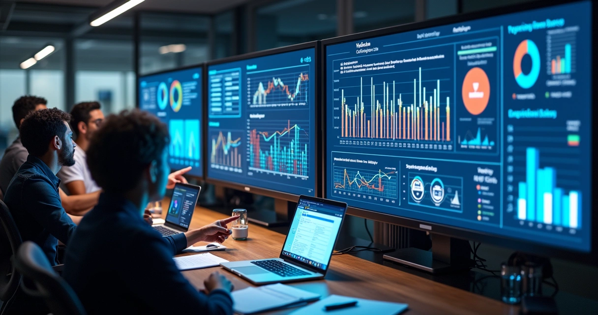 Equipe analisando dados de evento em telas digitais com gráficos e indicadores de sucesso 