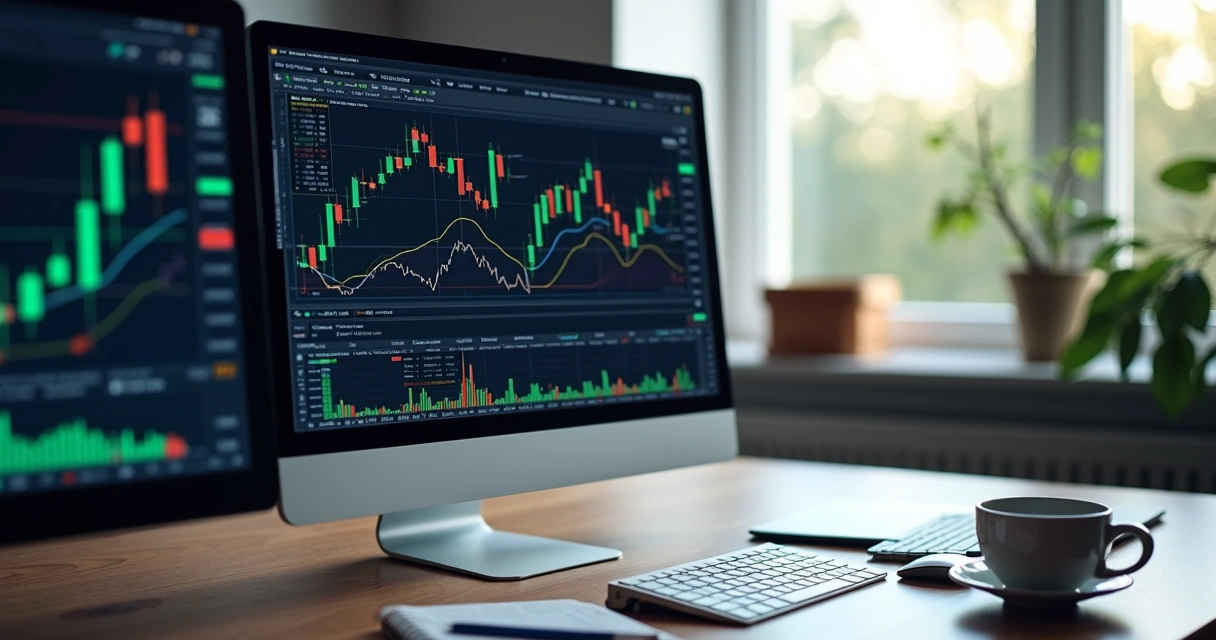 Tela de computador mostrando gráficos financeiros e dados de backtest em ambiente de escritório moderno 