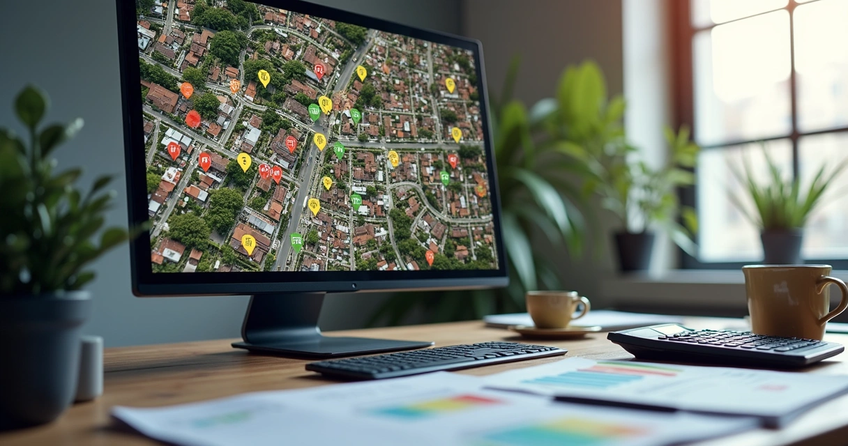 Mapa urbano com imóveis e dados de bairro 