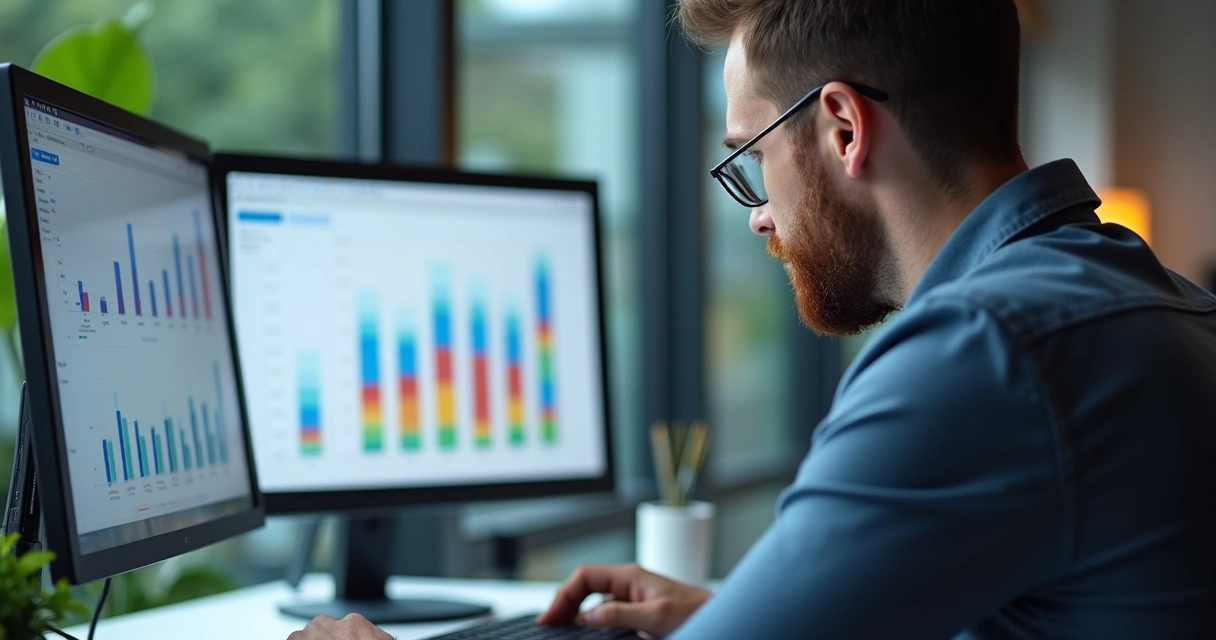Profissional analisando demonstrativos financeiros em tela de computador, gráficos de barras e tabelas ao fundo