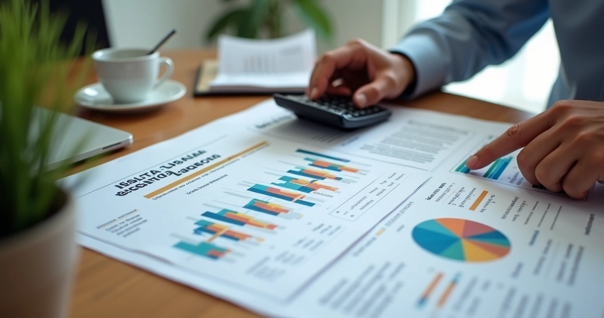 Pessoa analisando balanço patrimonial com gráficos e calculadora 