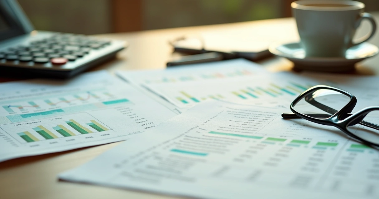Planilhas financeiras e calculadora sobre uma mesa 