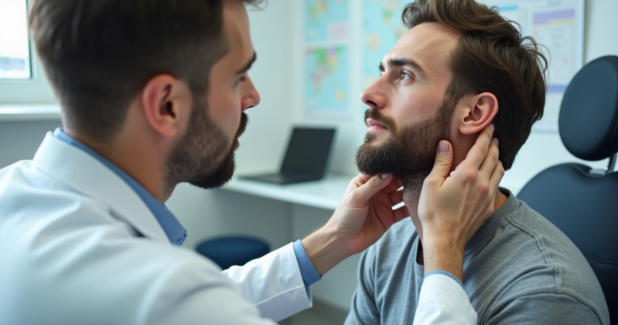 Consulta dermatológica analisando barba de paciente 