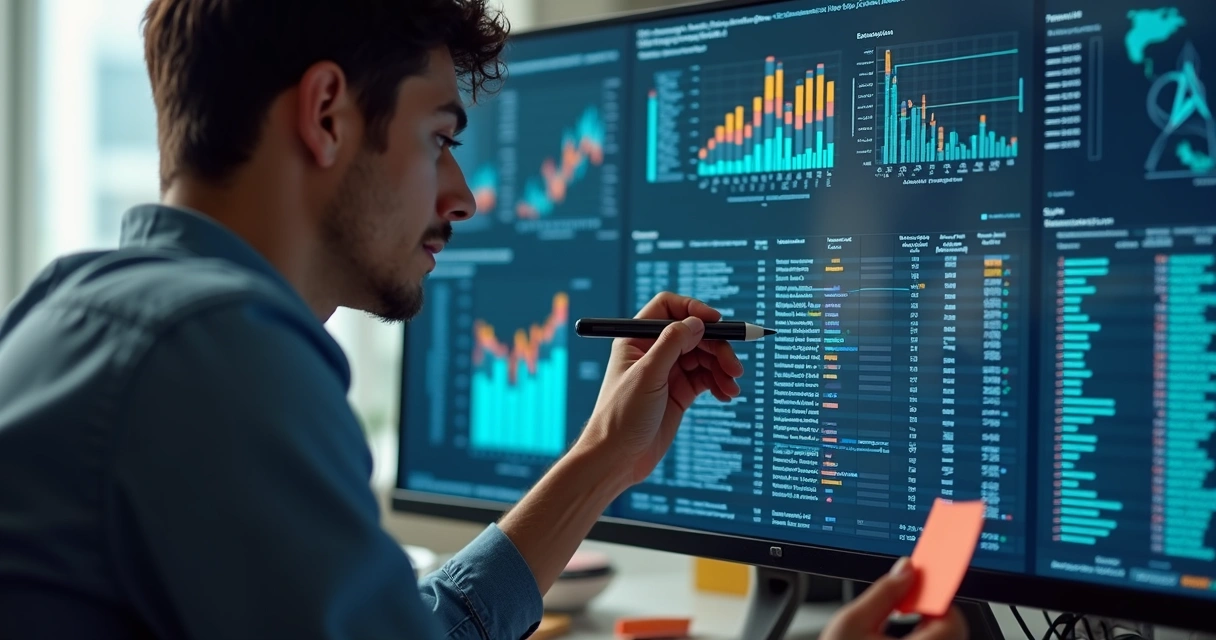 Profissional analisando uma base de dados em gráficos na tela