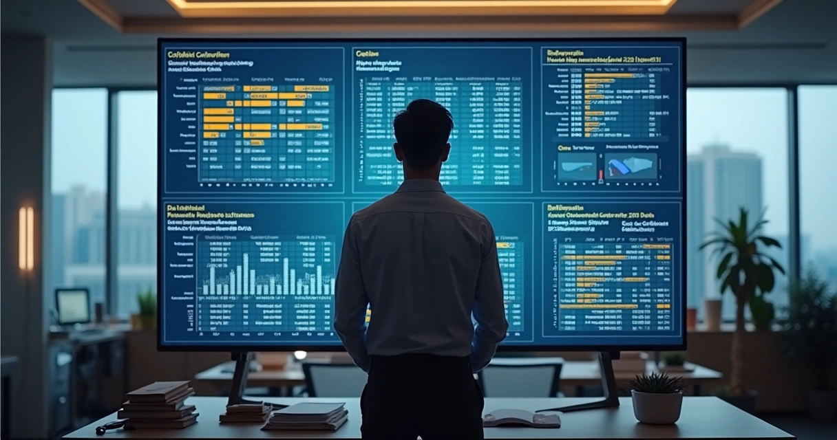 Profissional analisando base de dados em tela grande na empresa 