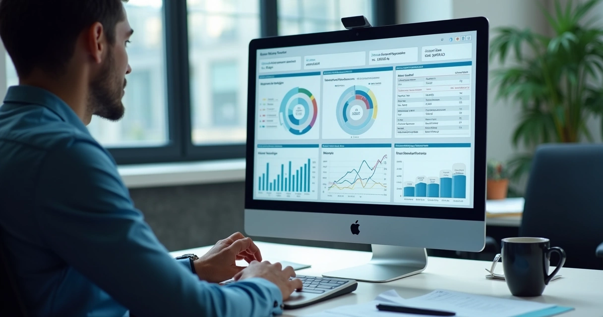 Tela de computador mostrando dashboards de análise de dados de fornecedores 