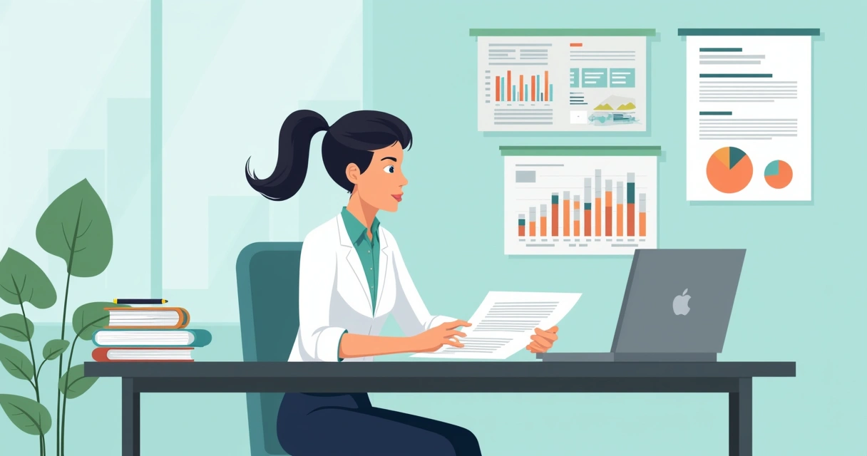 Empresária avaliando relatórios de benefícios em uma mesa com papéis e notebook 