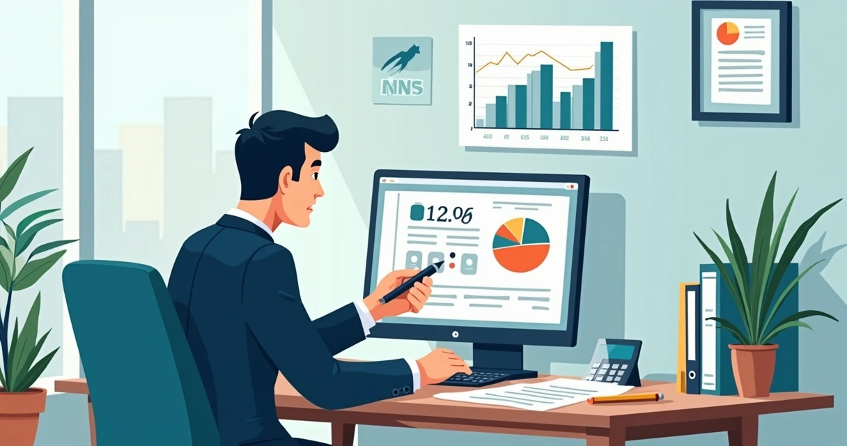 Advogado analisando cálculo de benefício previdenciário na tela do computador