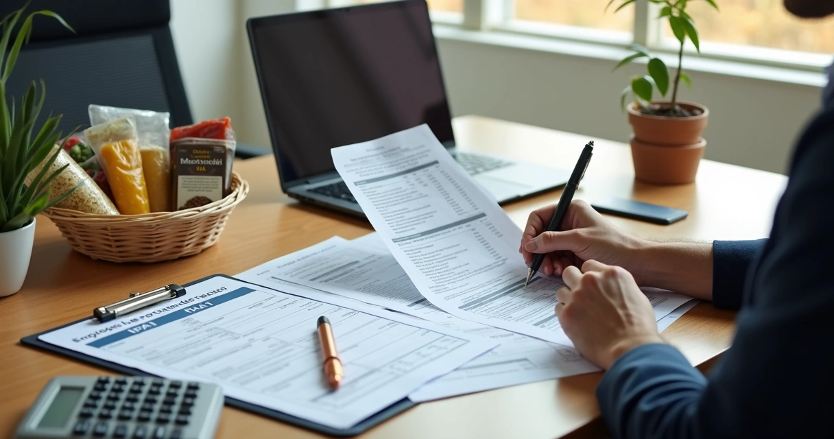 Gestor analisando documentos fiscais e cesta de alimentos na mesa 
