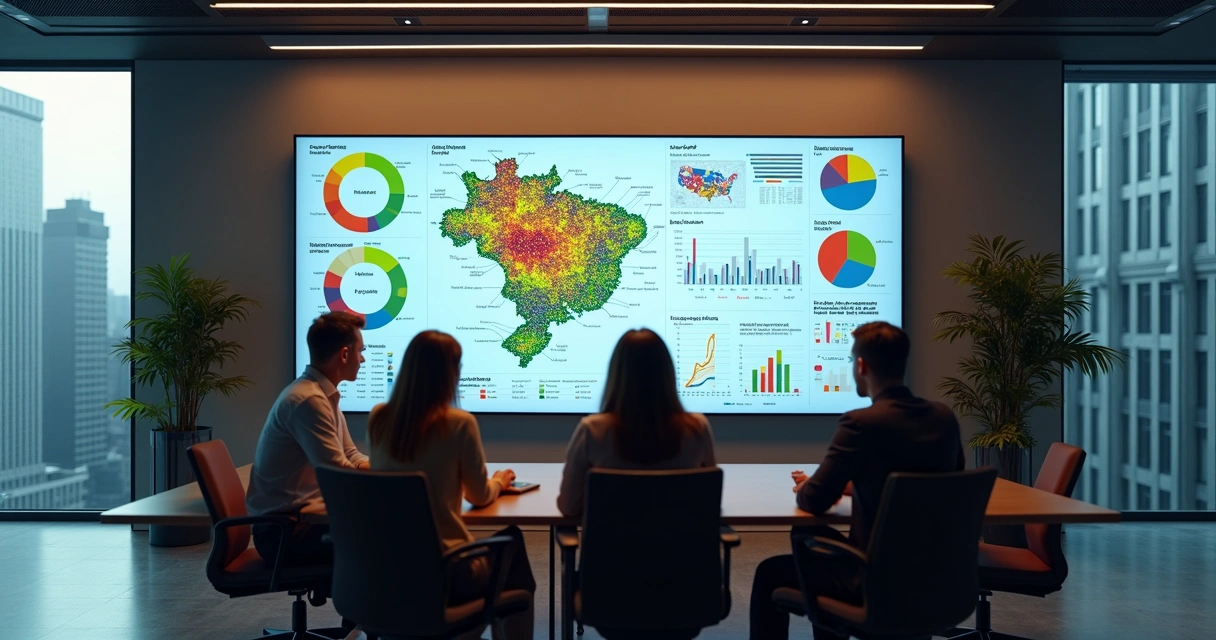 Equipe em sala de reunião com tela grande mostrando gráficos de dados fiscais 