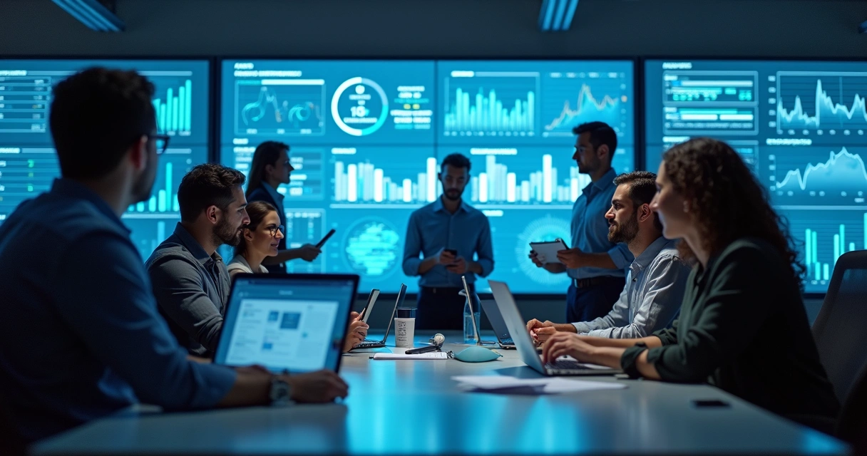 Profissionais reunidos analisando gráficos digitais em tela grande