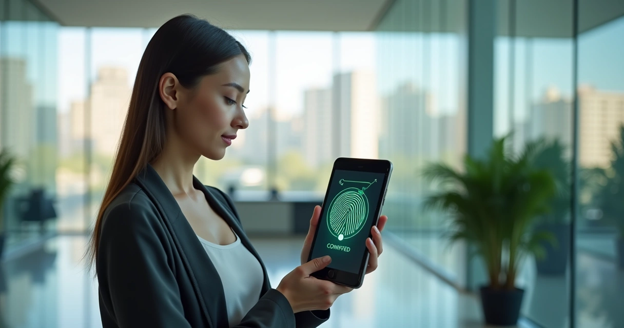 Mulher segurando tablet faz análise biométrica pelo aplicativo 