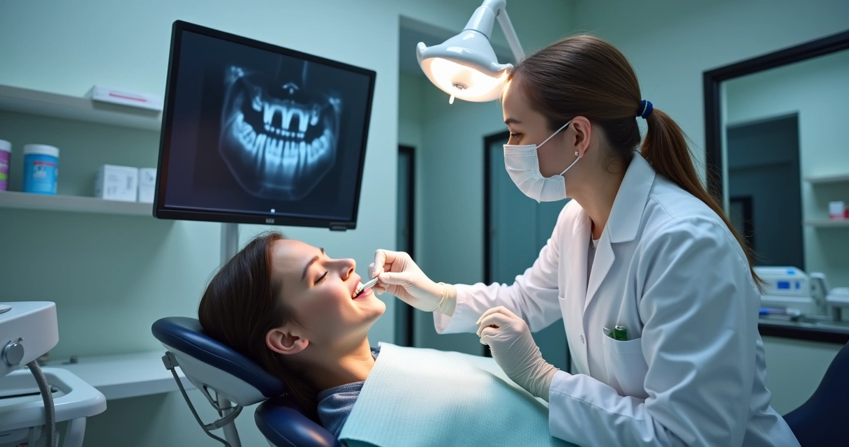Dentista analisando desgaste dental em paciente em consultório odontológico