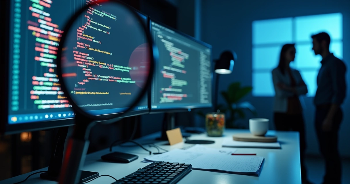 Tela de computador mostrando análise forense de código fonte 