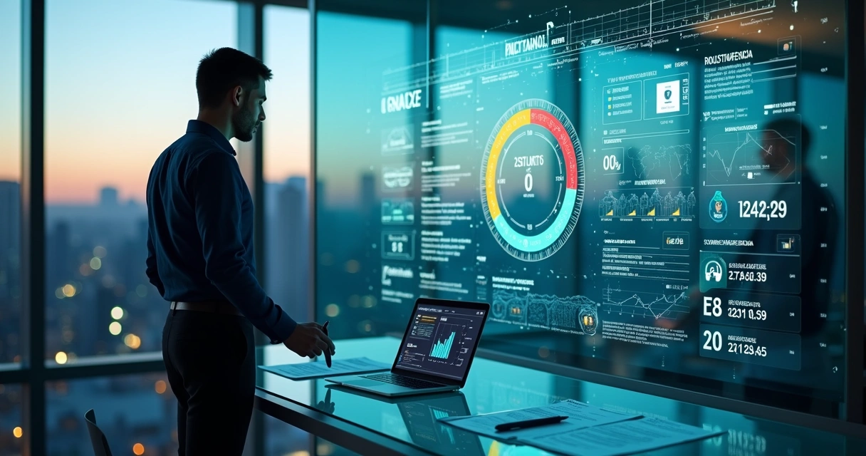 Analista financeiro observando painel digital de score de crédito em escritório moderno 