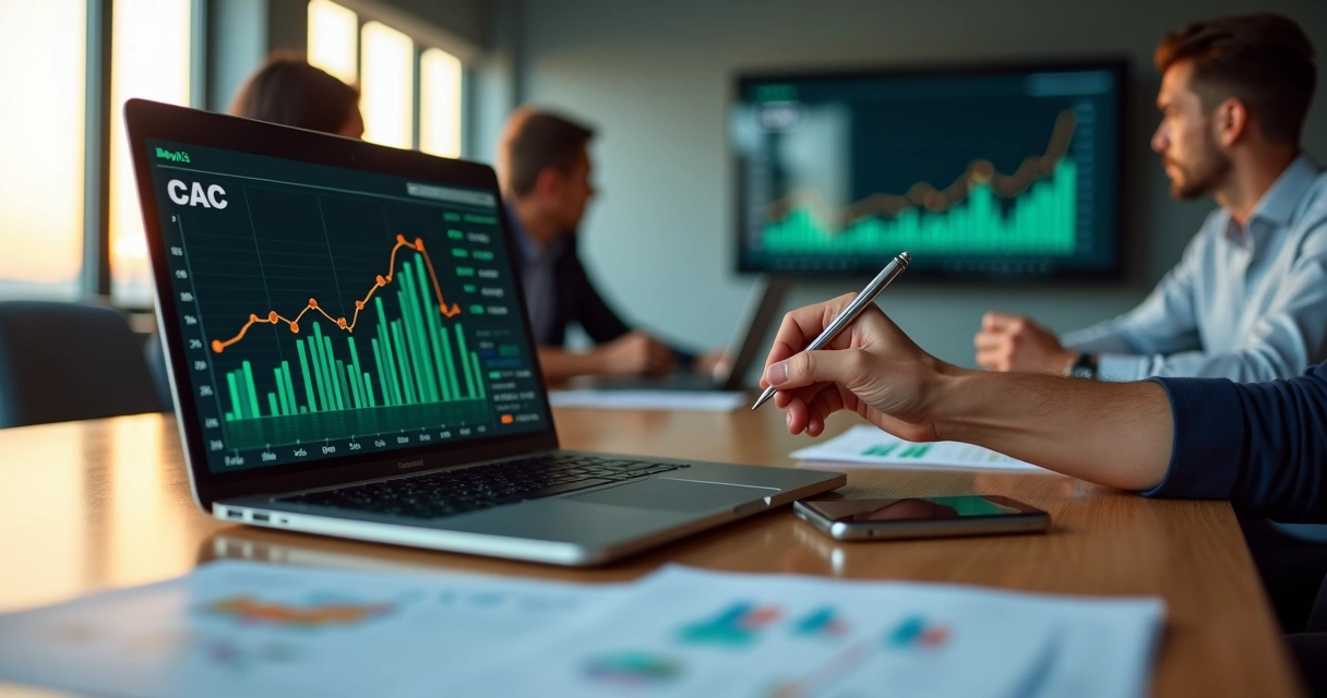 Gestor analisando dashboard com gráfico de CAC em queda na tela do notebook 