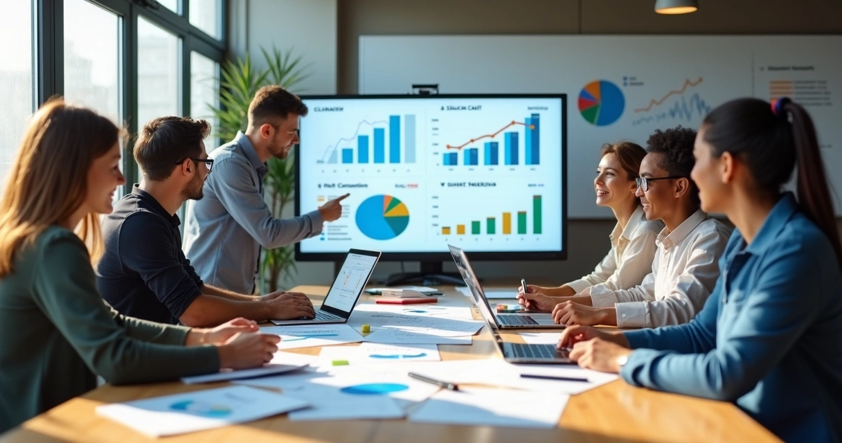 Equipe de marketing analisando gráficos de CAC em painel com dados financeiros 