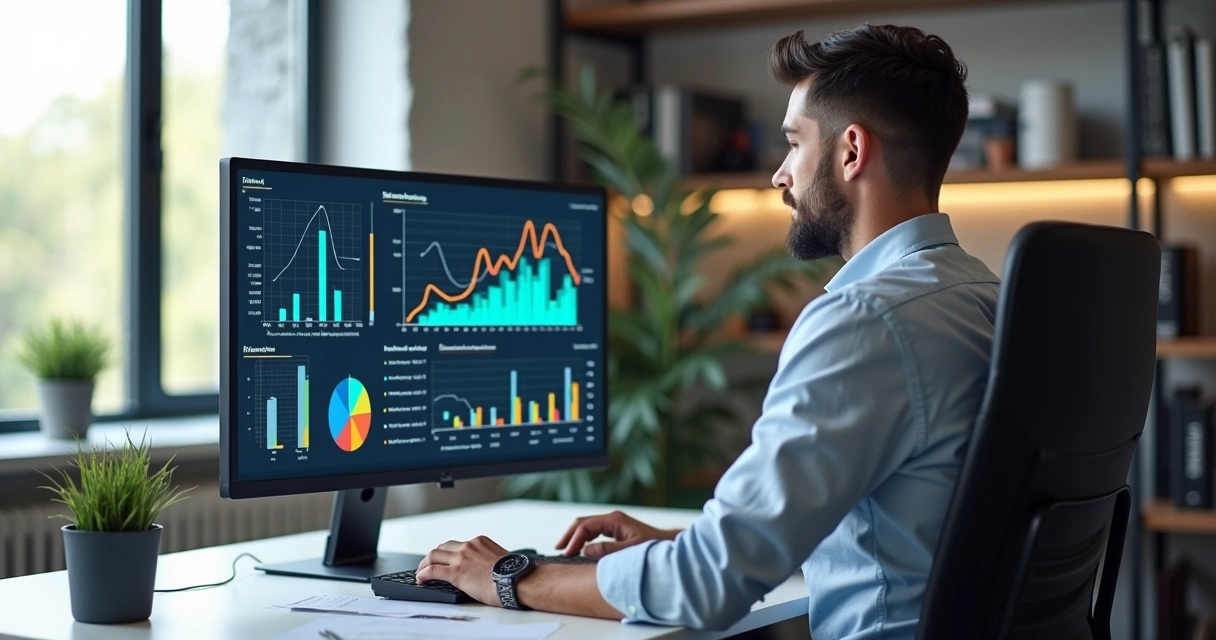 Empresário analisando dados cadastrais em tela de computador moderno, ambiente de escritório iluminado, gráficos e planilhas visíveis 