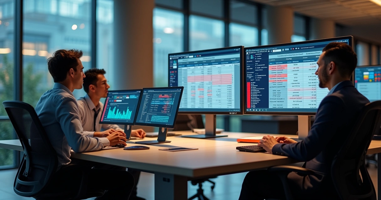 Equipe analisando dados cadastrais em telas de computador