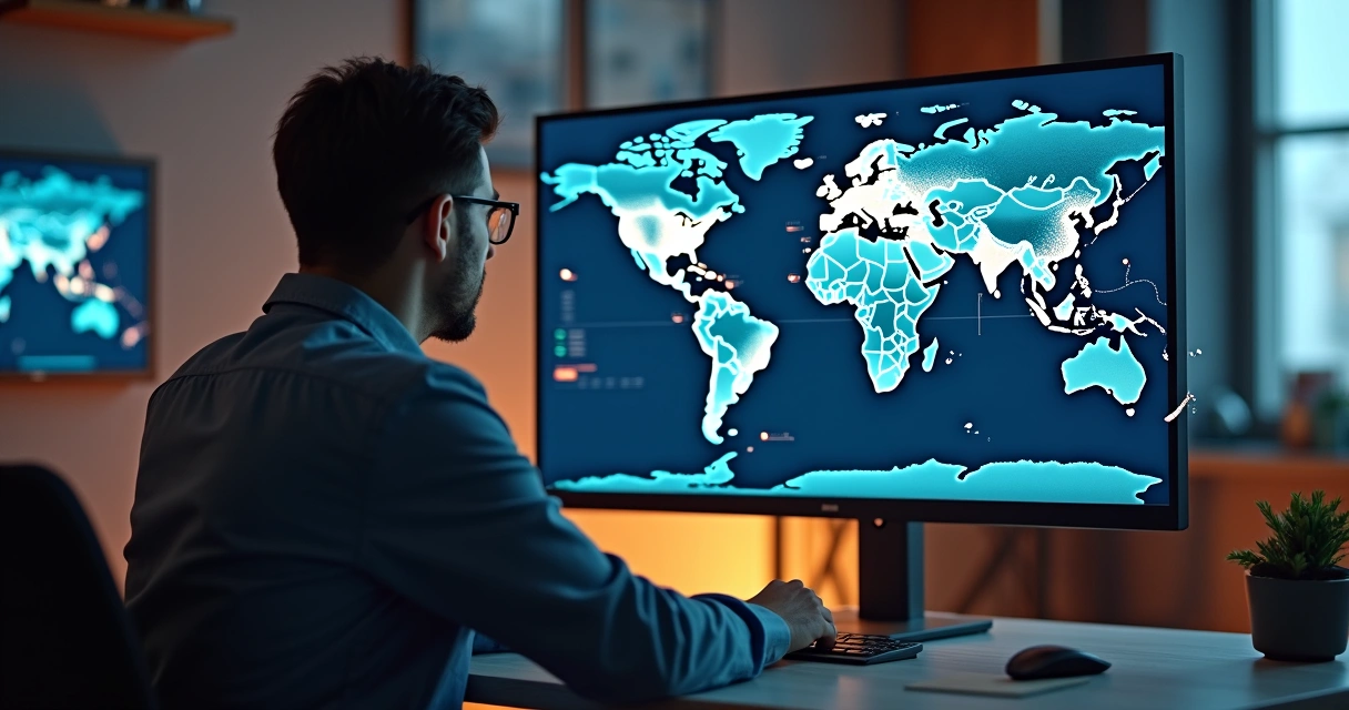 Profissional analisa cadastro logístico em tela com mapa e gráficos 