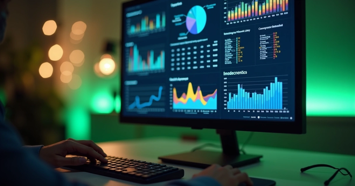 Tela de computador exibindo gráficos de resultados de campanha 