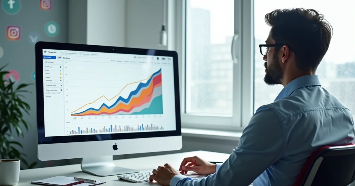 Profissional analisa gráficos de campanhas digitais em tela de computador 