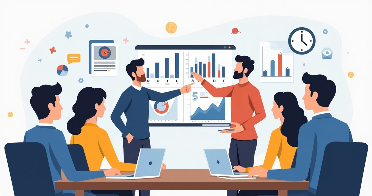 Equipe analisando dados de campanha eleitoral em sala de reunião 
