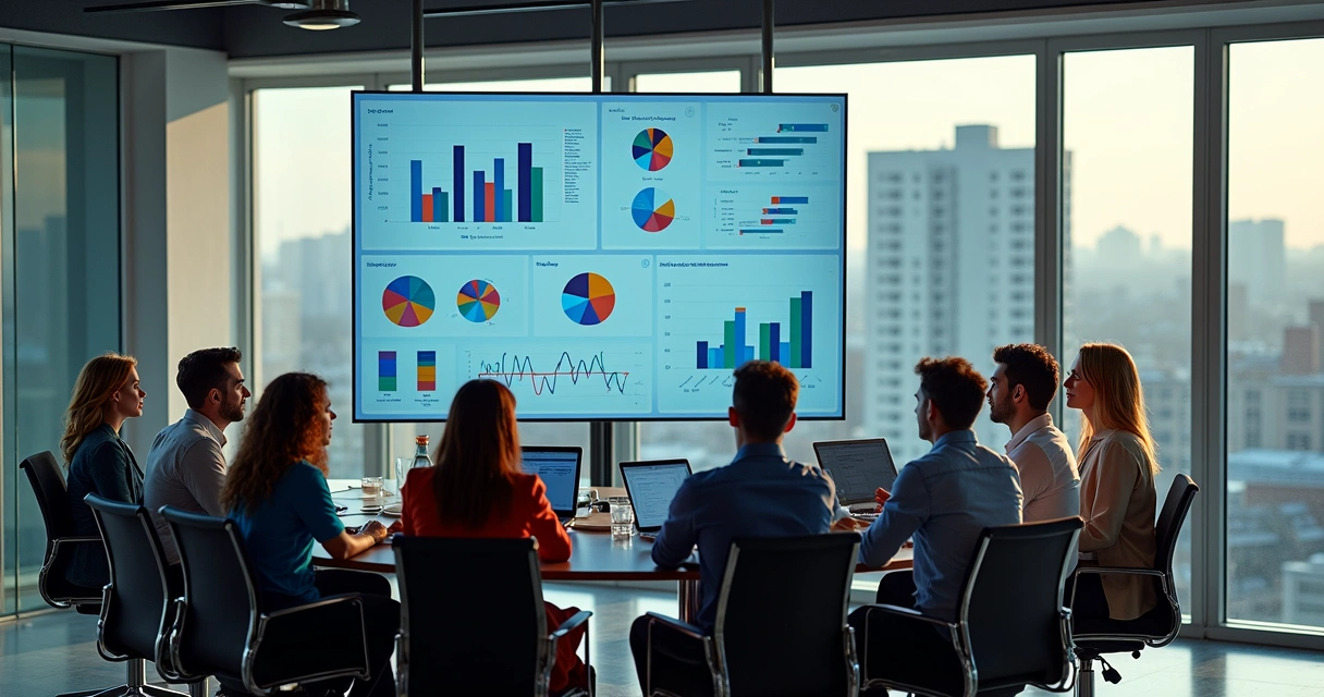 Equipe analisando dashboards de campanhas digitais em sala de reunião, gráficos coloridos em destaque na tela