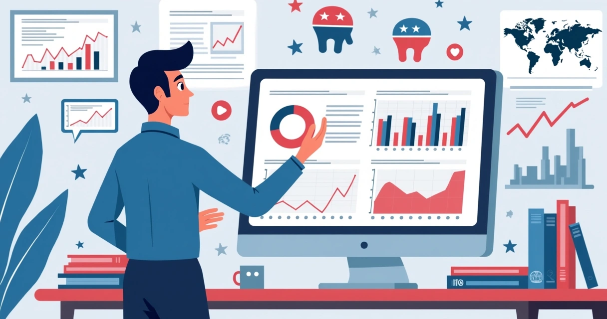 Profissional analisando gráficos de performance de campanha política em telas de computador. 