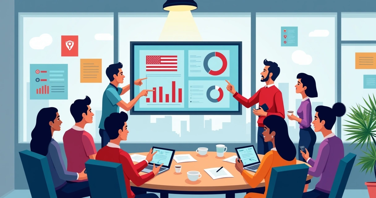 Quadro digital mostra gráficos de desempenho de campanha política sendo discutidos em sala com equipe, papéis e celulares visíveis 