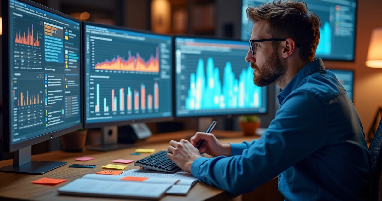 Profissional avaliando gráficos e perfis em campanhas digitais 