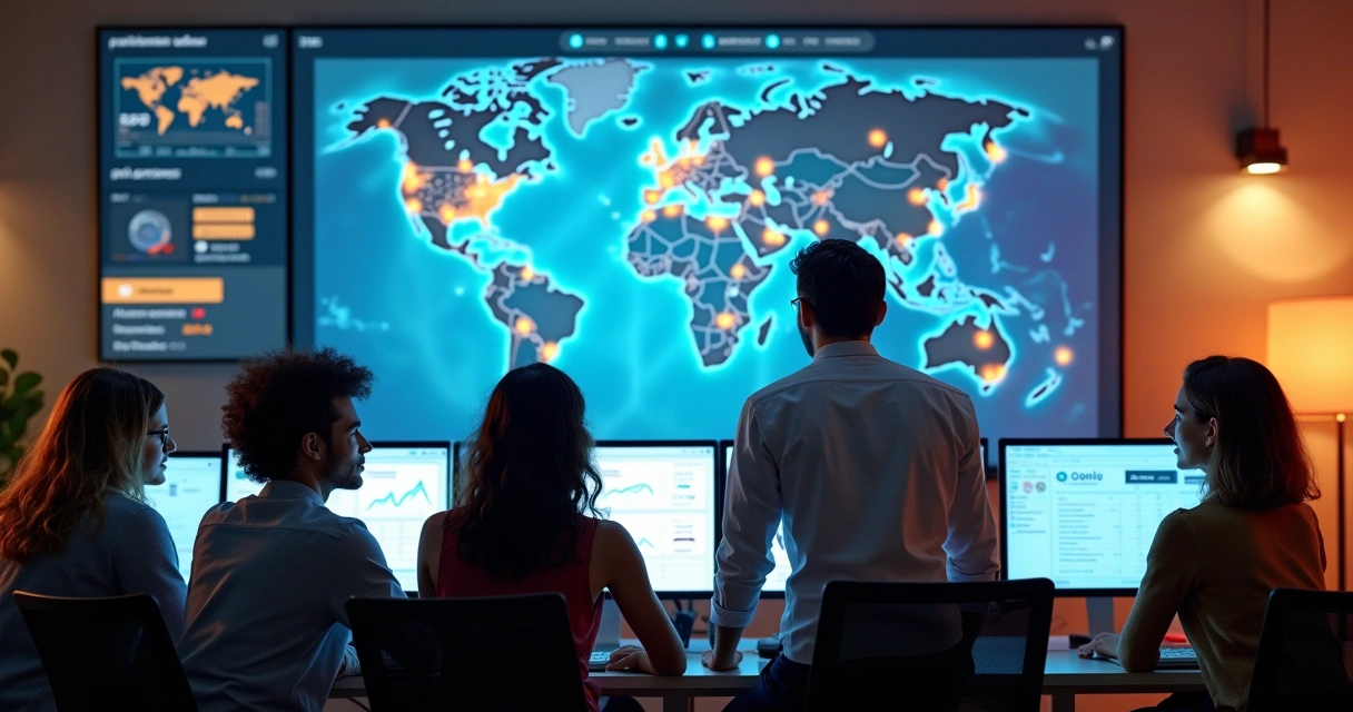 Equipe analisando campanhas de marketing digital em múltiplas telas com dados anônimos 