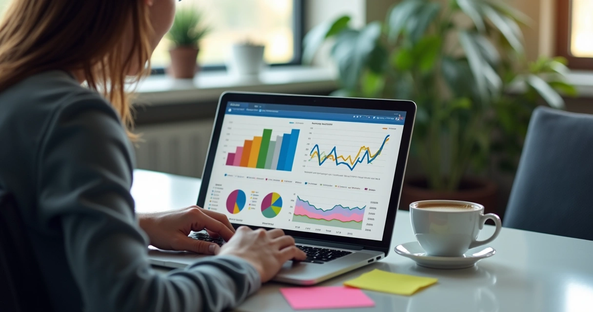 Gestor analisando gráficos de desempenho de campanhas em um notebook