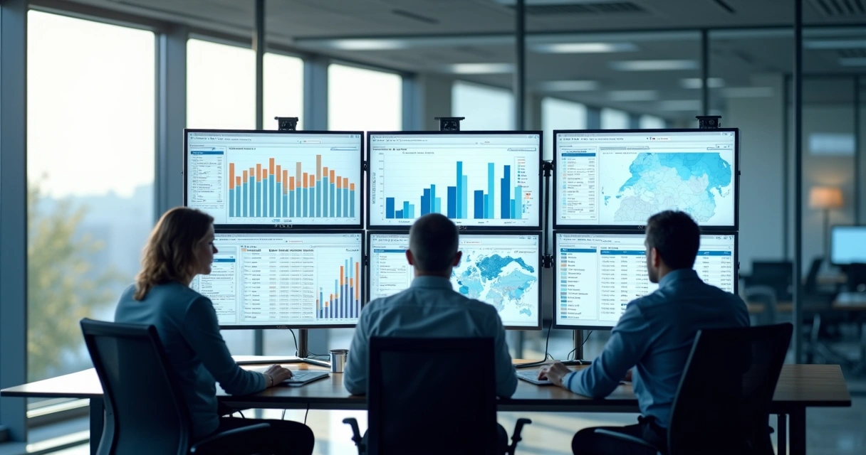 Equipe analisando resultados de campanhas SaaS B2B em múltiplas telas 