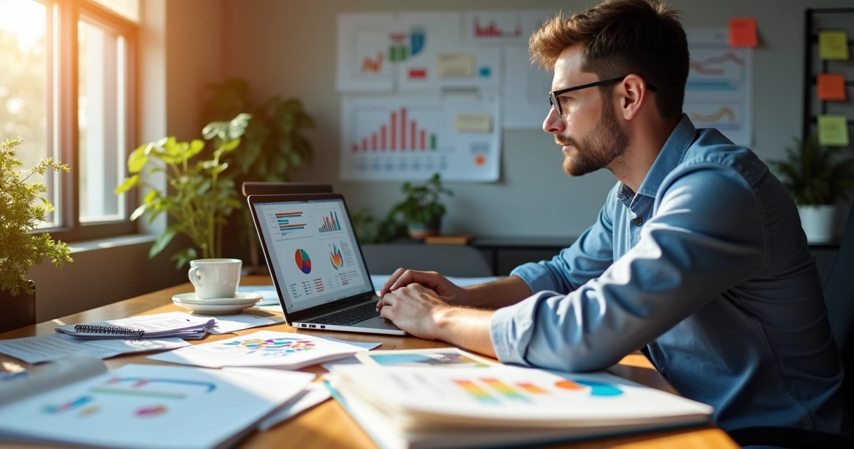 Mesa de trabalho com gráficos e notebook mostrando avaliação de canais de marketing 