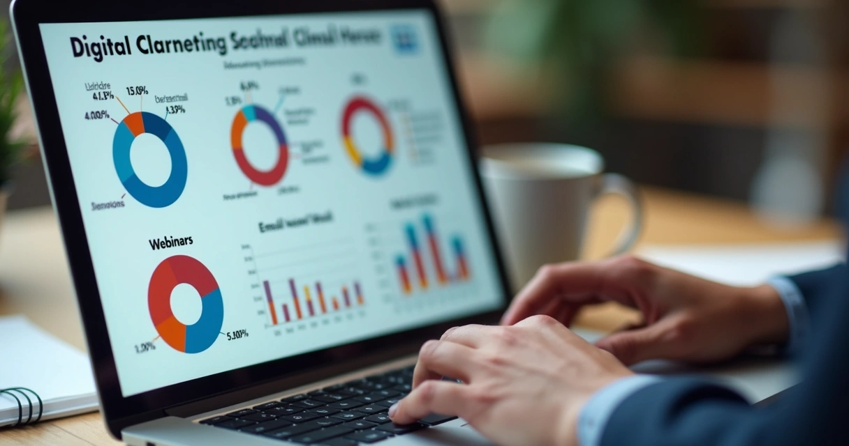 Profissional analisando canais digitais em laptop com gráficos 