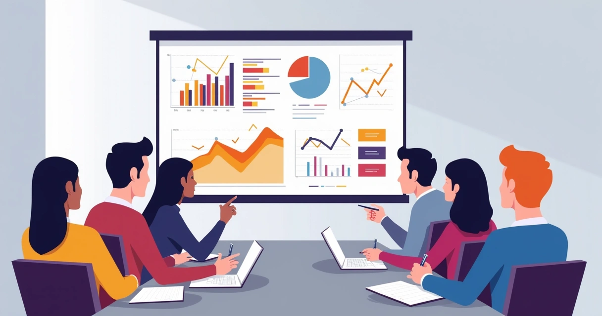 Equipe de marketing digital analisando gráficos de KPIs em uma tela grande 