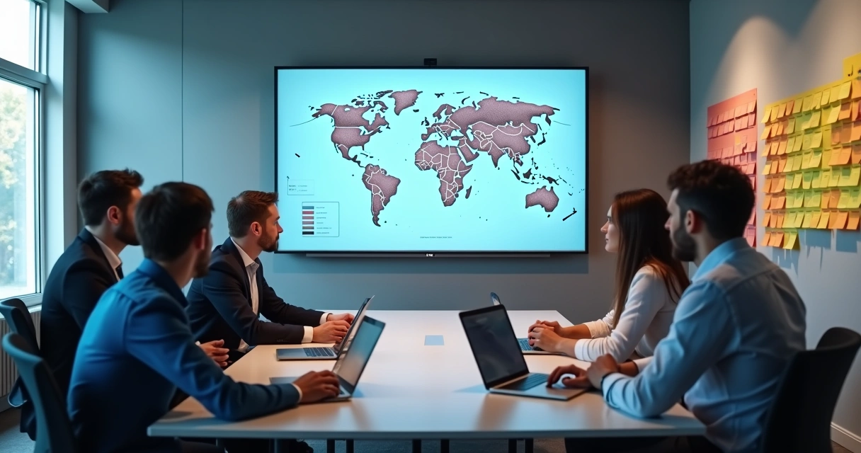 Gestores analisando diferentes canais de venda em uma sala de reuniões 