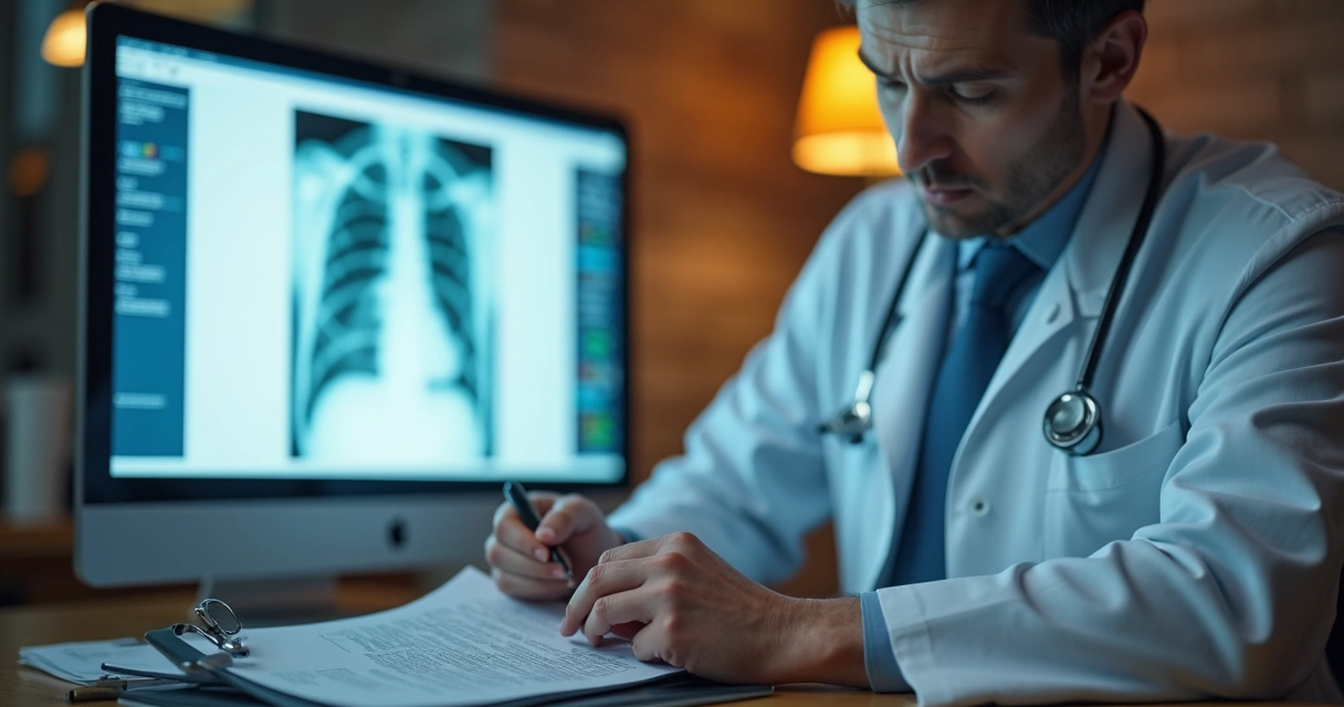 Médico, prancheta e documentos analisando informações de paciente oncológico.