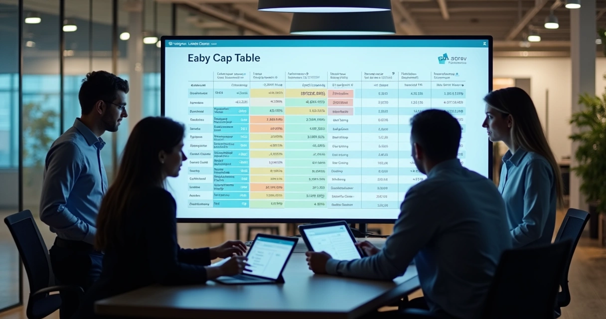 Análise de cap table de startup com gráficos em tela e equipe reunida.