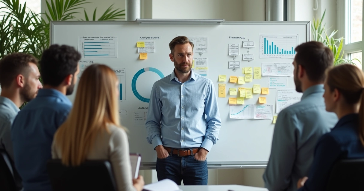 Empreendedor avaliando capacidade da equipe de vendas diante de números em quadro branco 