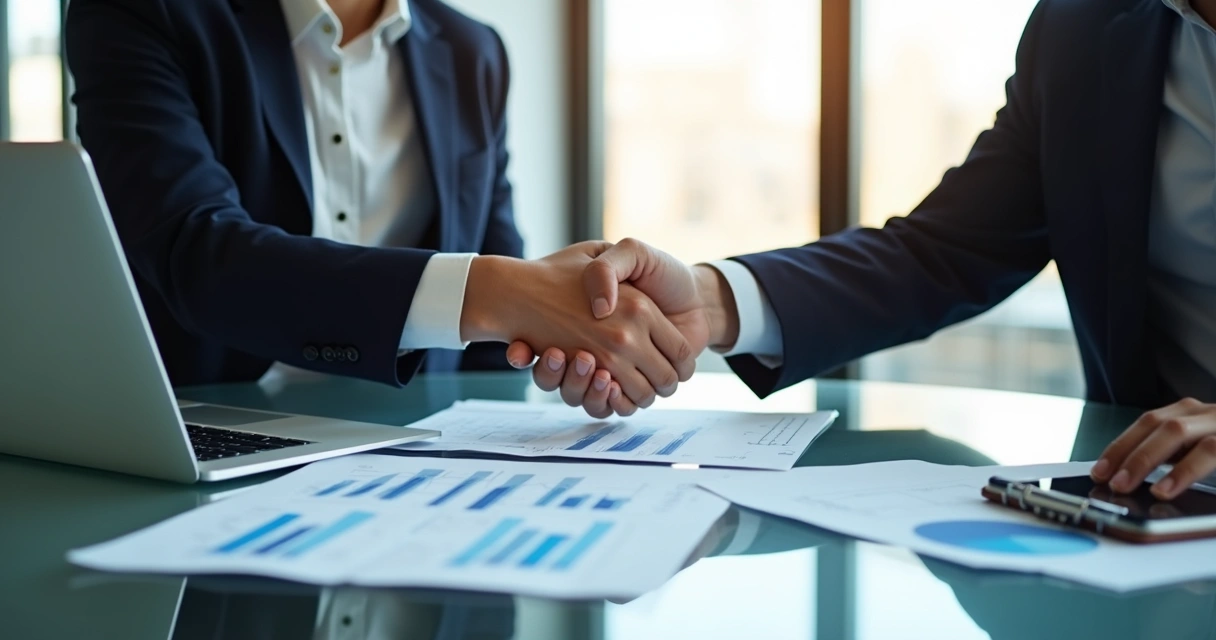 Empresários analisando documentos financeiros lado a lado e apertando as mãos