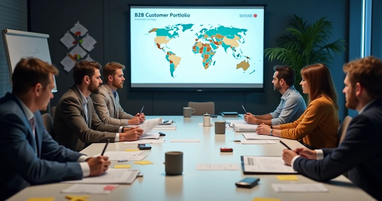 Benchmarking: Como Aplicar na Inteligência Comercial B2B 3 Equipe analisando carteira de clientes B2B em sala de reunião