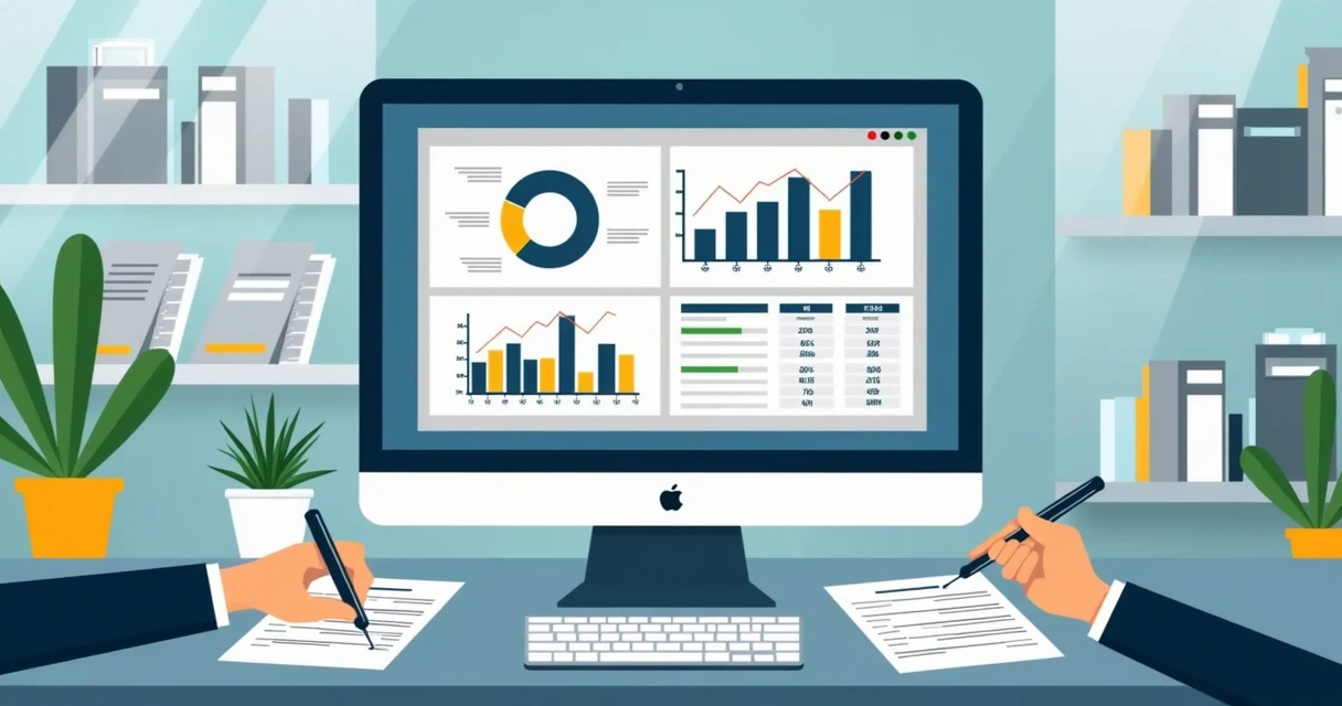 Gráfico de vendas e tabela de clientes sendo analisados em computador de escritório