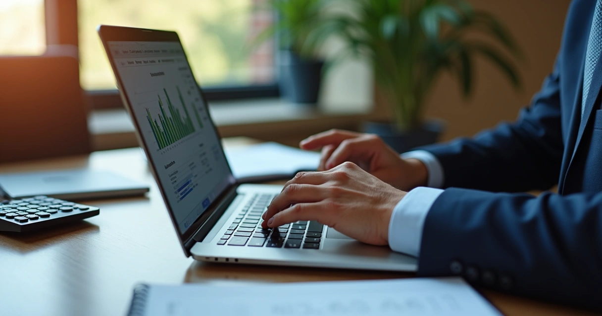 Gestor financeiro analisando carteira de investimentos empresarial em tela de notebook 